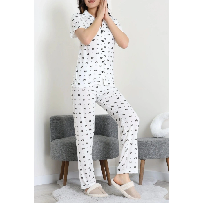 Modal Düğmeli Pijama Takımı Siyahkurdele - 789.1287.