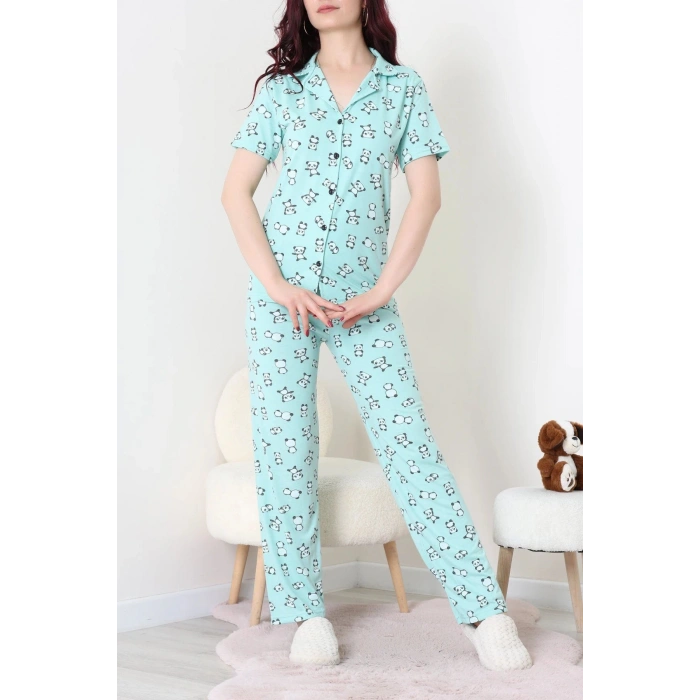 Modal Düğmeli Pijama Takımı Yeşilpanda - 789.1287.