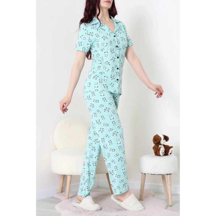 Modal Düğmeli Pijama Takımı Yeşilpanda - 789.1287.