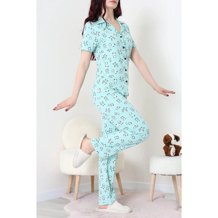 Modal Düğmeli Pijama Takımı Yeşilpanda - 789.1287.