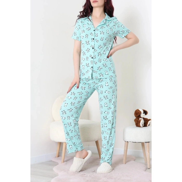 Modal Düğmeli Pijama Takımı Yeşilpanda - 789.1287.