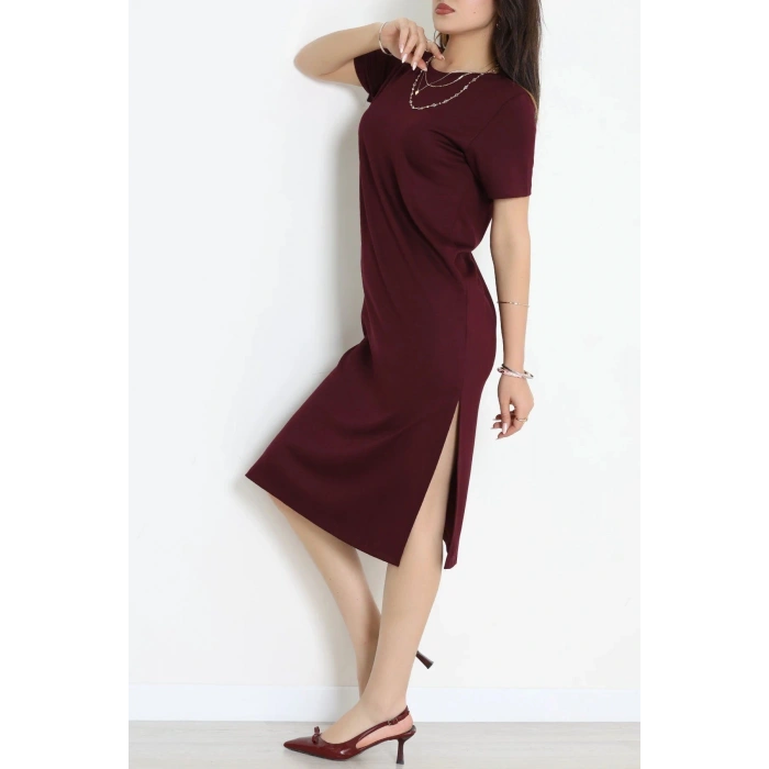 Modal Kumaş Bisiklet Yaka Midi Boy Elbise Bordo - 71134.275.