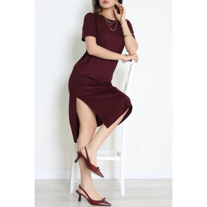 Modal Kumaş Bisiklet Yaka Midi Boy Elbise Bordo - 71134.275.