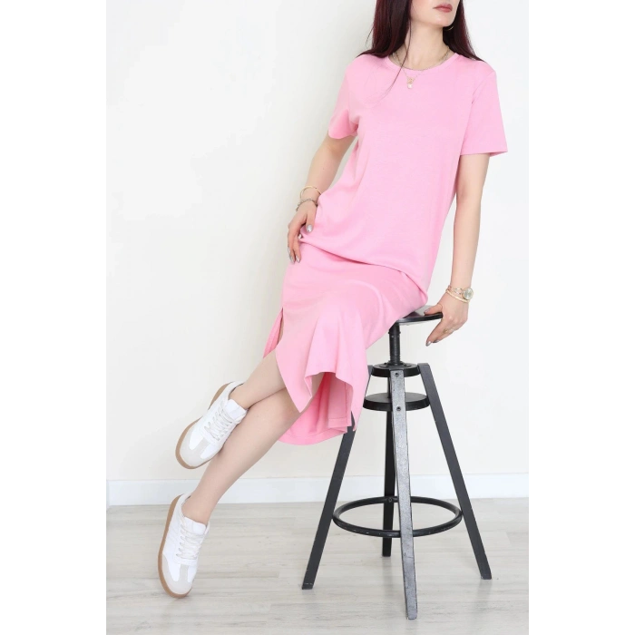 Modal Kumaş Bisiklet Yaka Midi Boy Elbise Pembe - 71134.275.