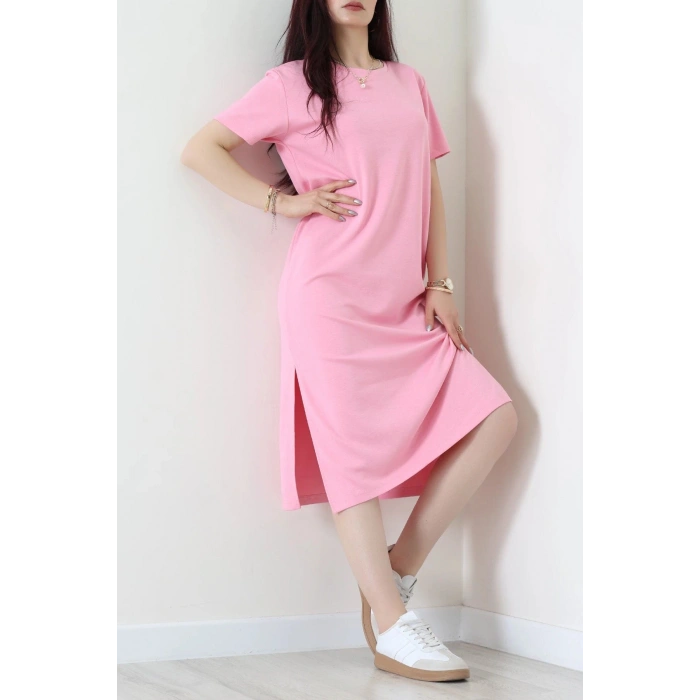 Modal Kumaş Bisiklet Yaka Midi Boy Elbise Pembe - 71134.275.