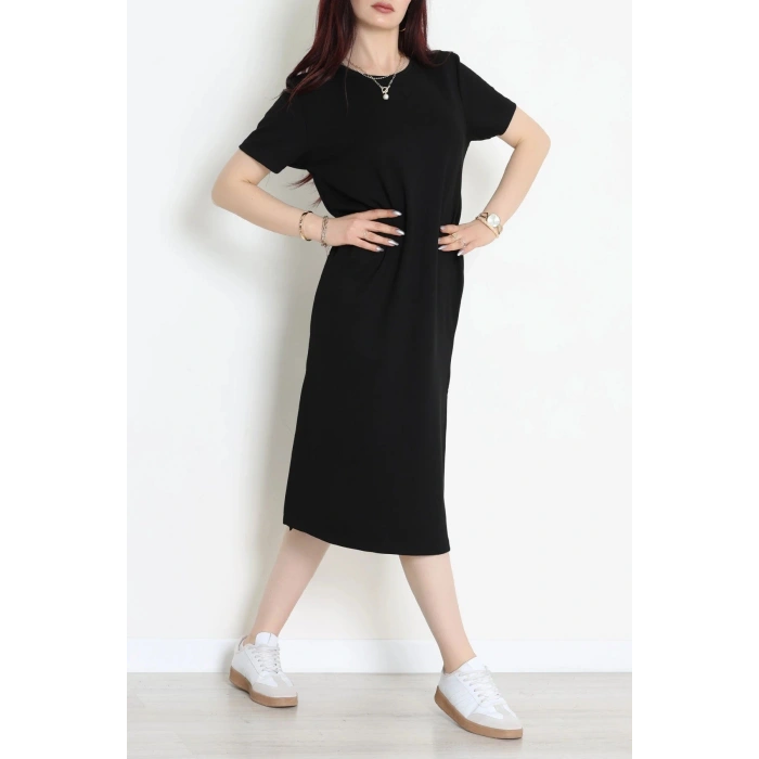 Modal Kumaş Bisiklet Yaka Midi Boy Elbise Siyah - 71134.275.