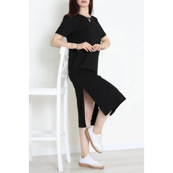 Modal Kumaş Bisiklet Yaka Midi Boy Elbise Siyah - 71134.275.