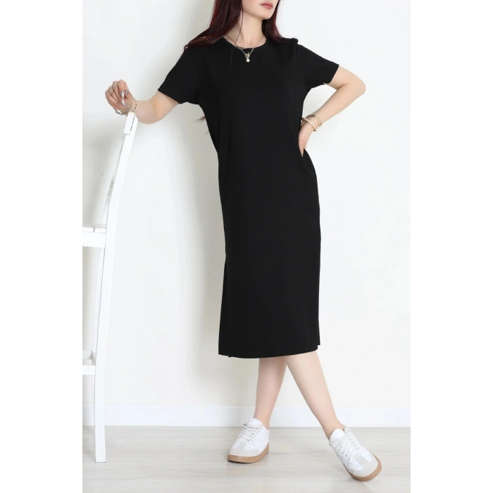 Modal Kumaş Bisiklet Yaka Midi Boy Elbise Siyah - 71134.275.