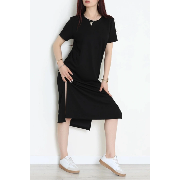Modal Kumaş Bisiklet Yaka Midi Boy Elbise Siyah - 71134.275.