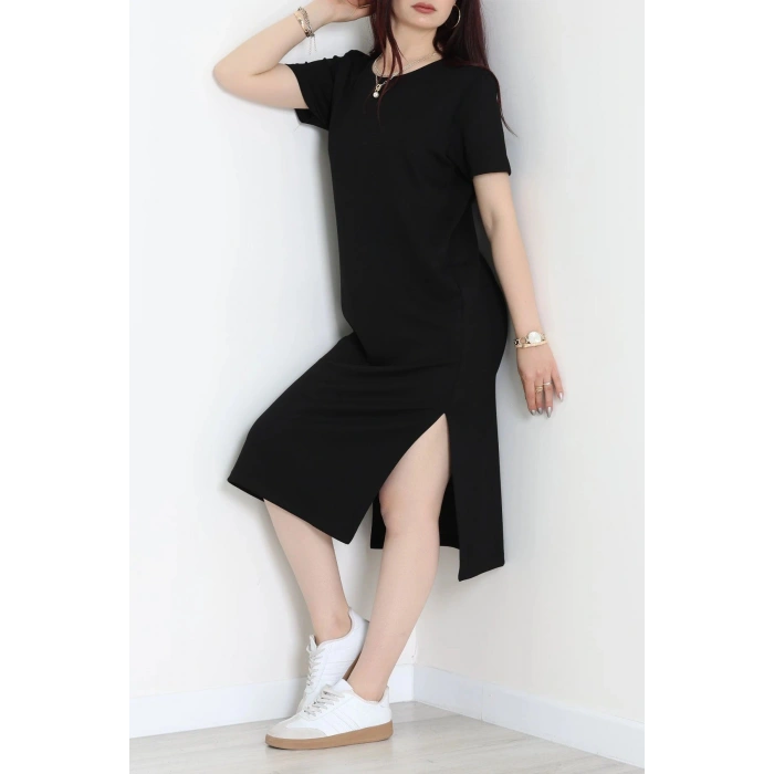 Modal Kumaş Bisiklet Yaka Midi Boy Elbise Siyah - 71134.275.