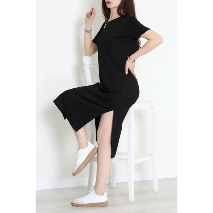Modal Kumaş Bisiklet Yaka Midi Boy Elbise Siyah - 71134.275.