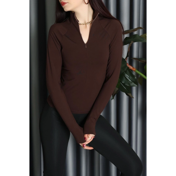 Modal Kumaş Fermuarlı Bluz Kahve - 71792.444.