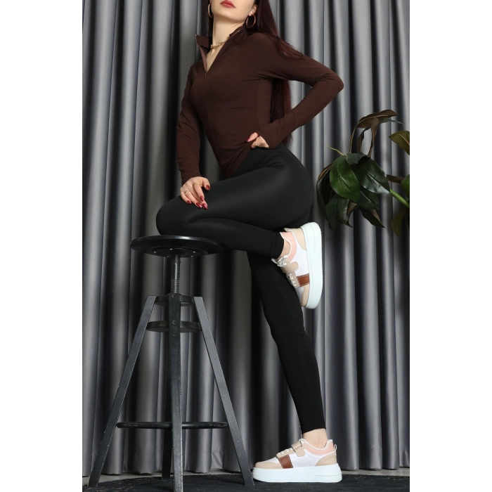 Modal Kumaş Fermuarlı Bluz Kahve - 71792.444.