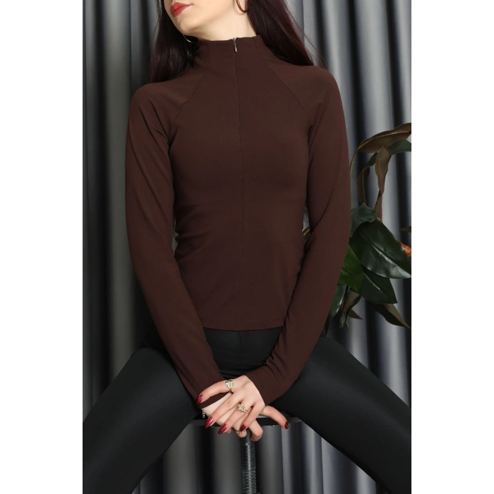 Modal Kumaş Fermuarlı Bluz Kahve - 71792.444.