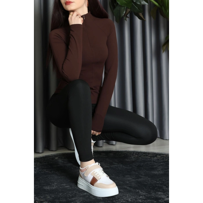 Modal Kumaş Fermuarlı Bluz Kahve - 71792.444.