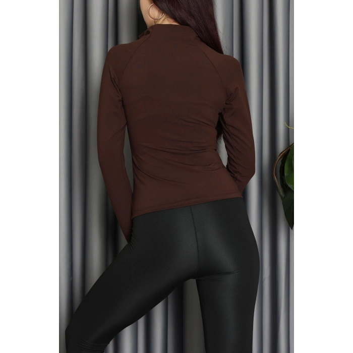 Modal Kumaş Fermuarlı Bluz Kahve - 71792.444.