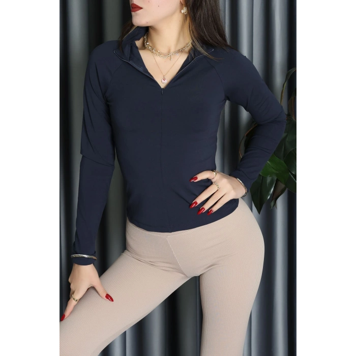 Modal Kumaş Fermuarlı Bluz Lacivert - 71792.444.