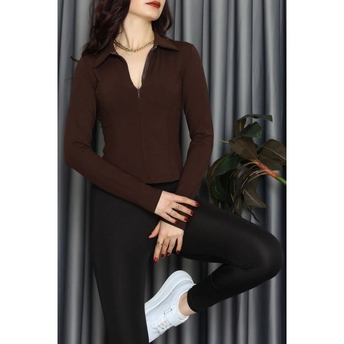 Modal Kumaş Polo Yaka Bluz Kahve - 71793.444.