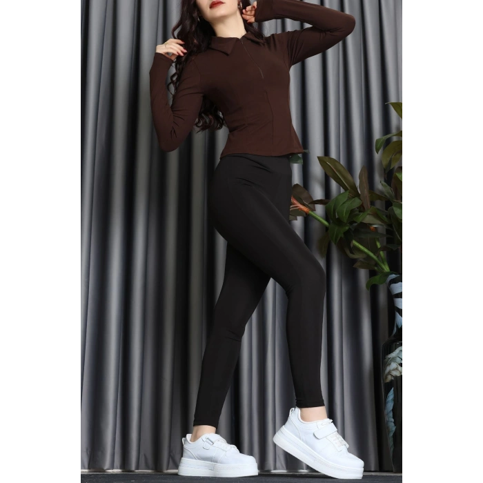 Modal Kumaş Polo Yaka Bluz Kahve - 71793.444.