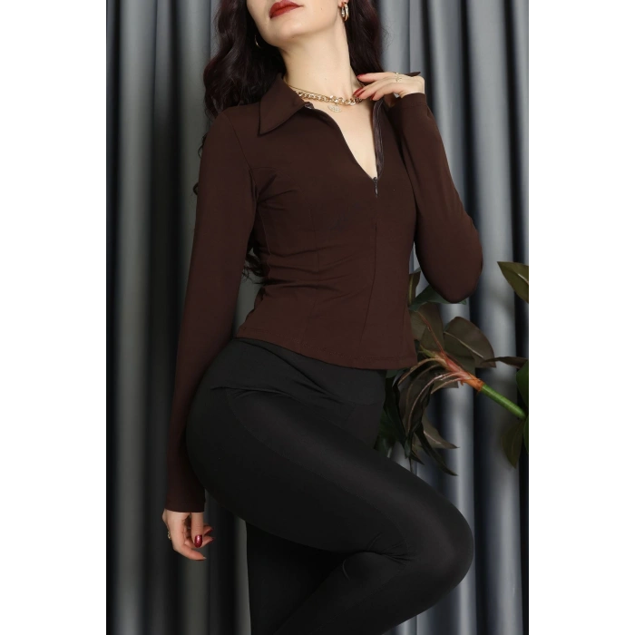Modal Kumaş Polo Yaka Bluz Kahve - 71793.444.