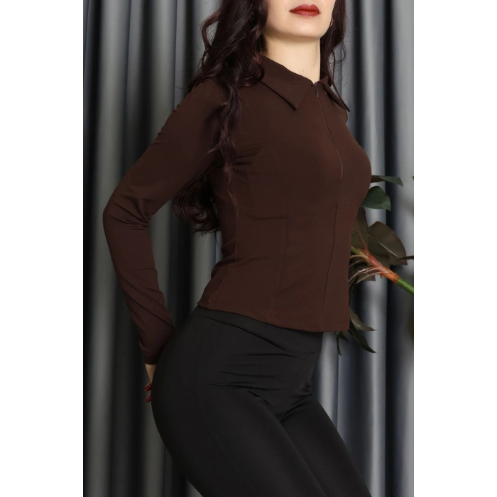 Modal Kumaş Polo Yaka Bluz Kahve - 71793.444.