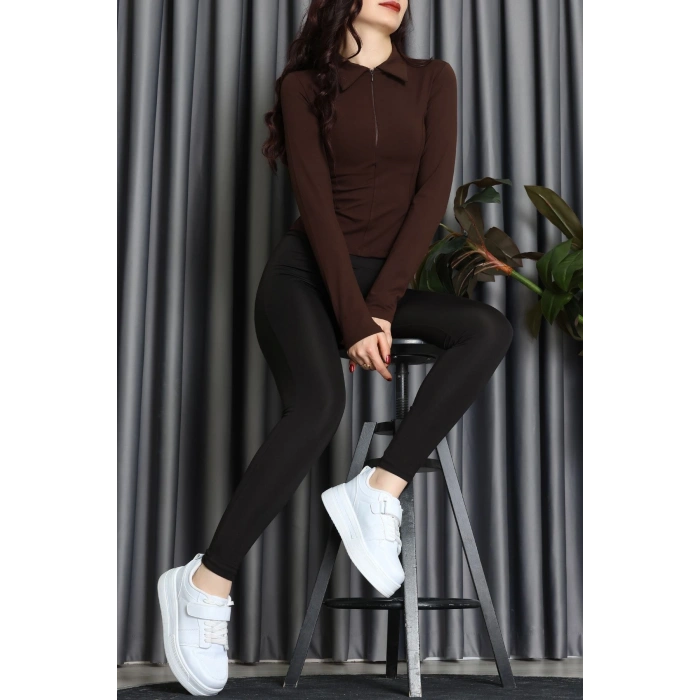 Modal Kumaş Polo Yaka Bluz Kahve - 71793.444.