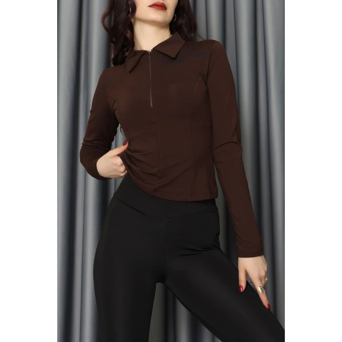 Modal Kumaş Polo Yaka Bluz Kahve - 71793.444.