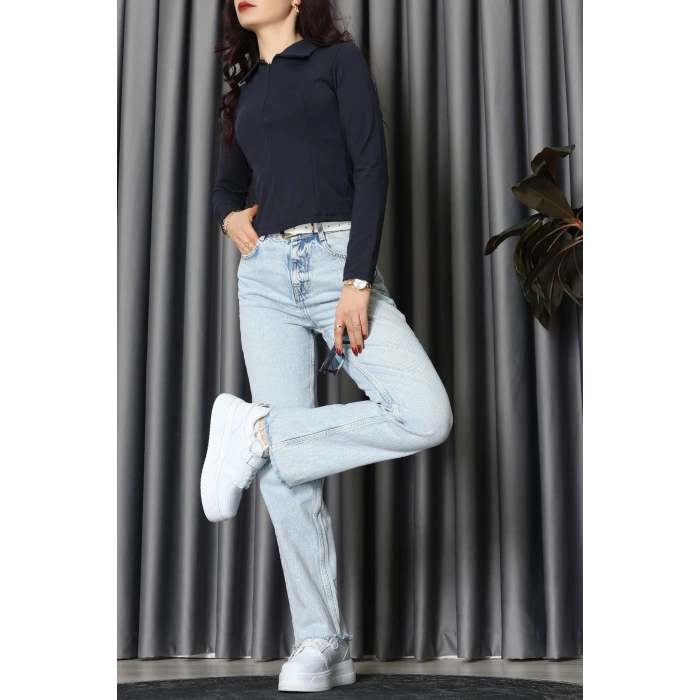 Modal Kumaş Polo Yaka Bluz Lacivert - 71793.444.