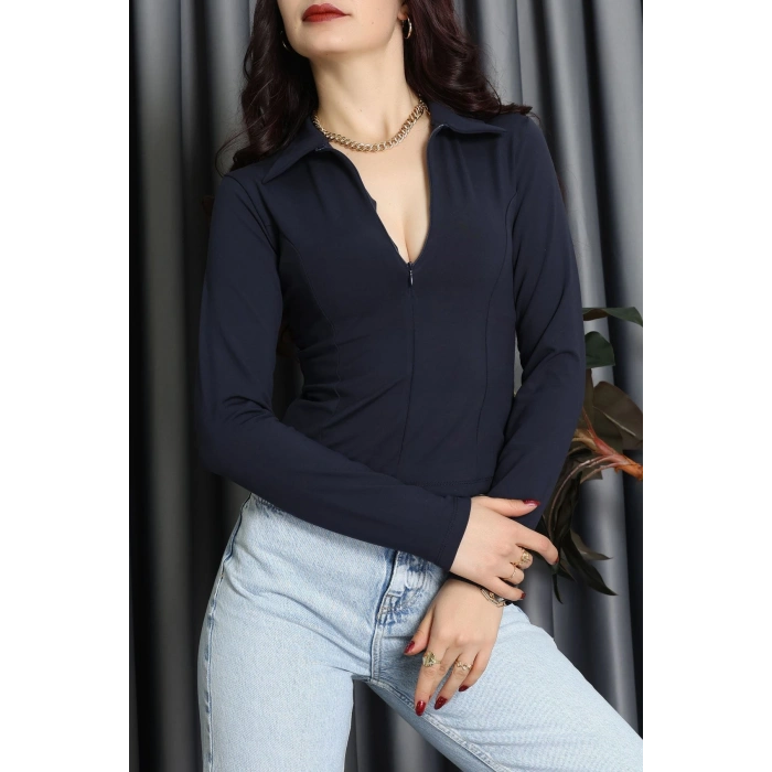 Modal Kumaş Polo Yaka Bluz Lacivert - 71793.444.