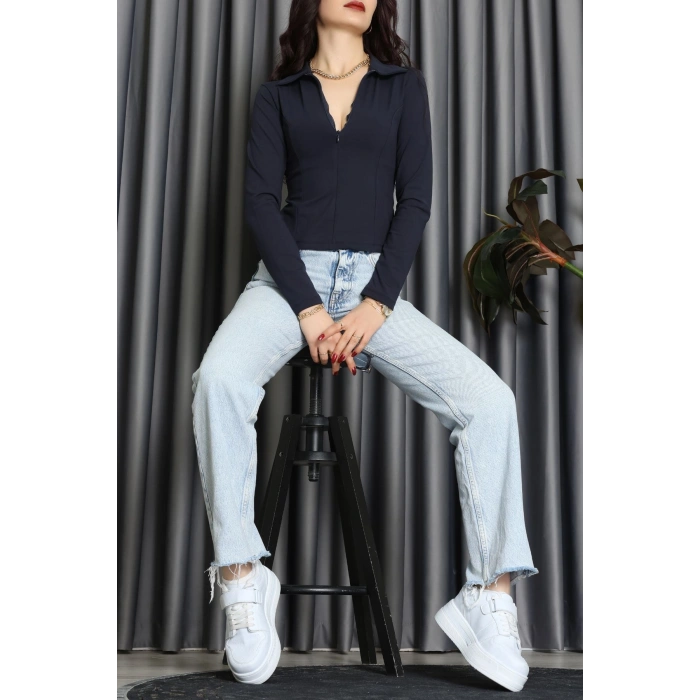 Modal Kumaş Polo Yaka Bluz Lacivert - 71793.444.