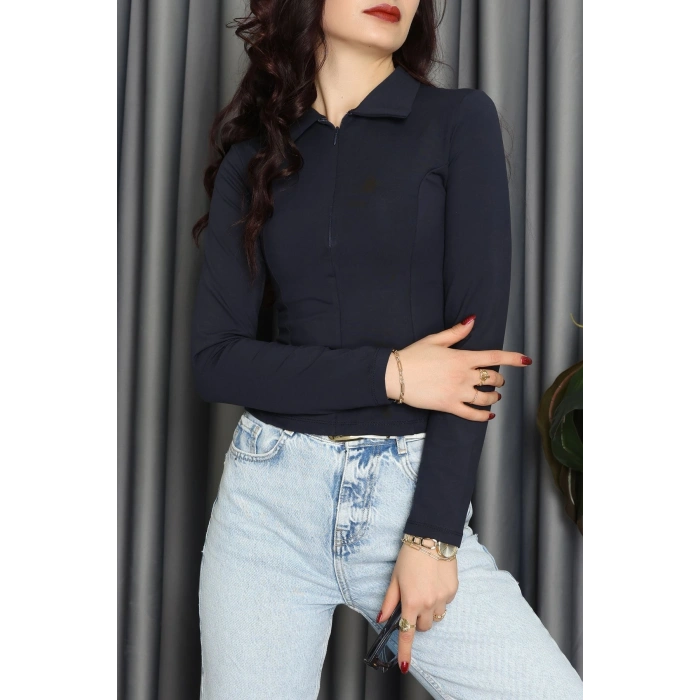 Modal Kumaş Polo Yaka Bluz Lacivert - 71793.444.