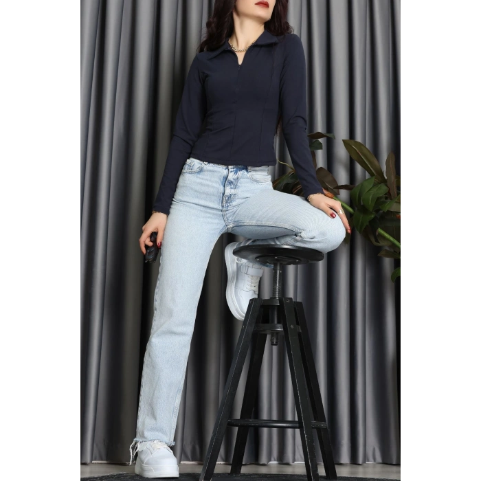 Modal Kumaş Polo Yaka Bluz Lacivert - 71793.444.