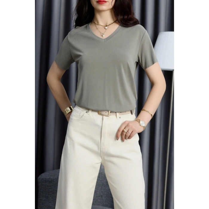 Modal Süprem V Yaka Tişört Haki - 90062.1758.