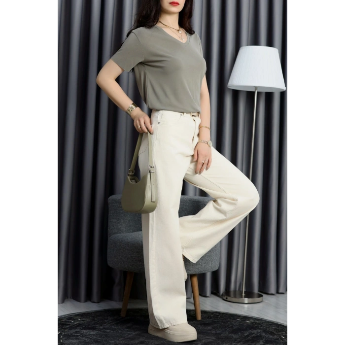 Modal Süprem V Yaka Tişört Haki - 90062.1758.