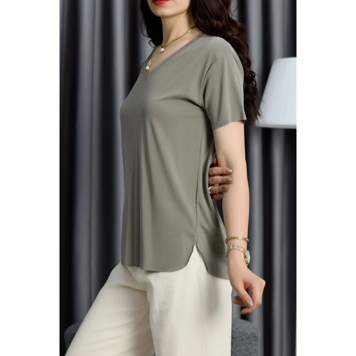 Modal Süprem V Yaka Tişört Haki - 90062.1758.