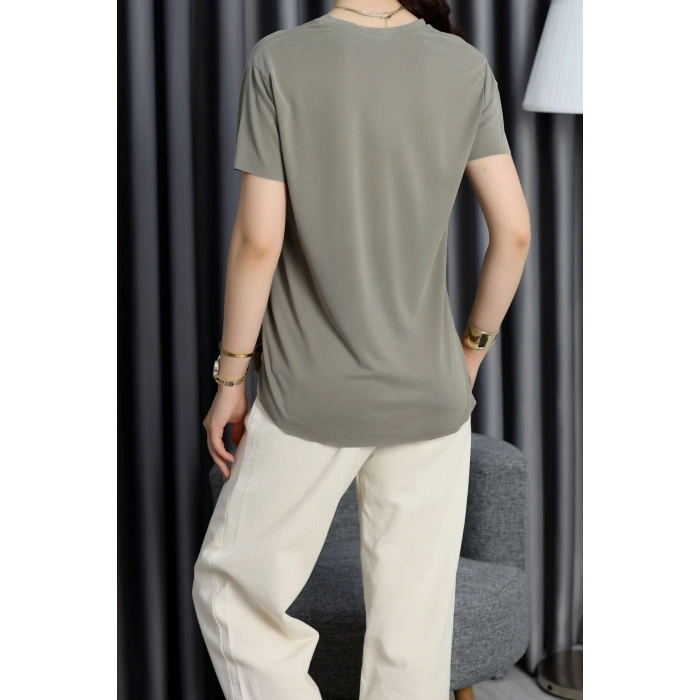 Modal Süprem V Yaka Tişört Haki - 90062.1758.