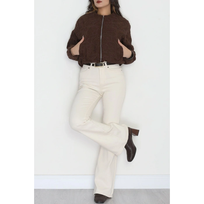 Nakış Detaylı Astarlı Bomber Ceket Kahve - 31634.439.