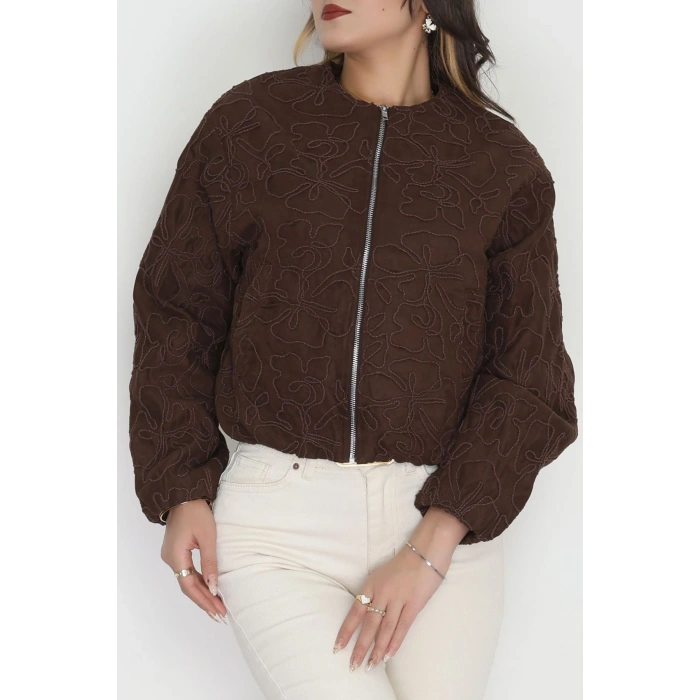 Nakış Detaylı Astarlı Bomber Ceket Kahve - 31634.439.