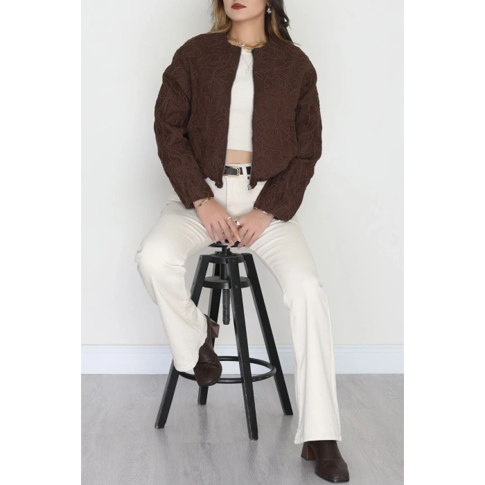 Nakış Detaylı Astarlı Bomber Ceket Kahve - 31634.439.