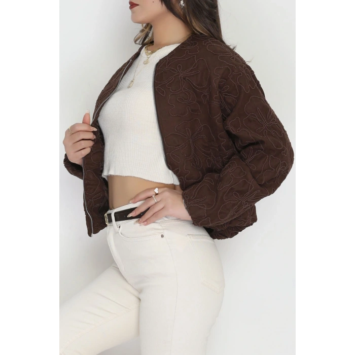 Nakış Detaylı Astarlı Bomber Ceket Kahve - 31634.439.