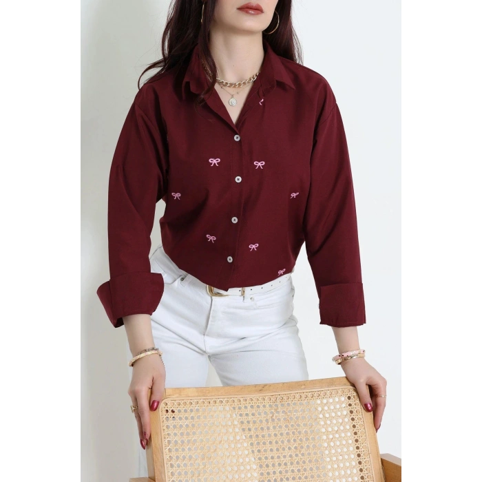 Nakış Detaylı Terıkoton Gömlek Bordo - 43958.2111.