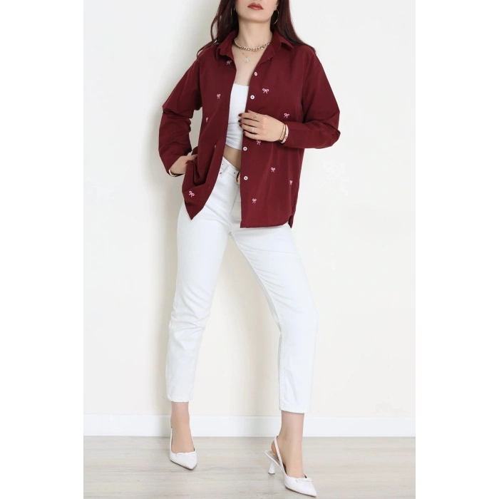 Nakış Detaylı Terıkoton Gömlek Bordo - 43958.2111.
