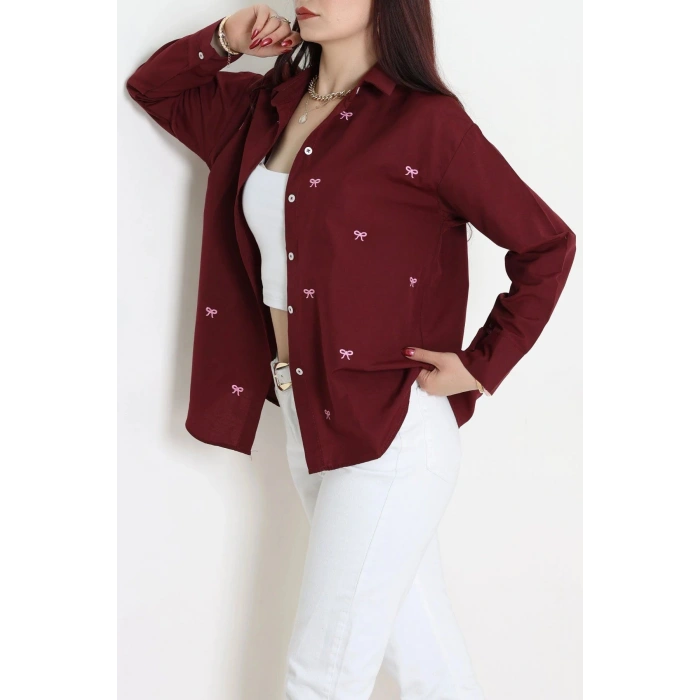 Nakış Detaylı Terıkoton Gömlek Bordo - 43958.2111.
