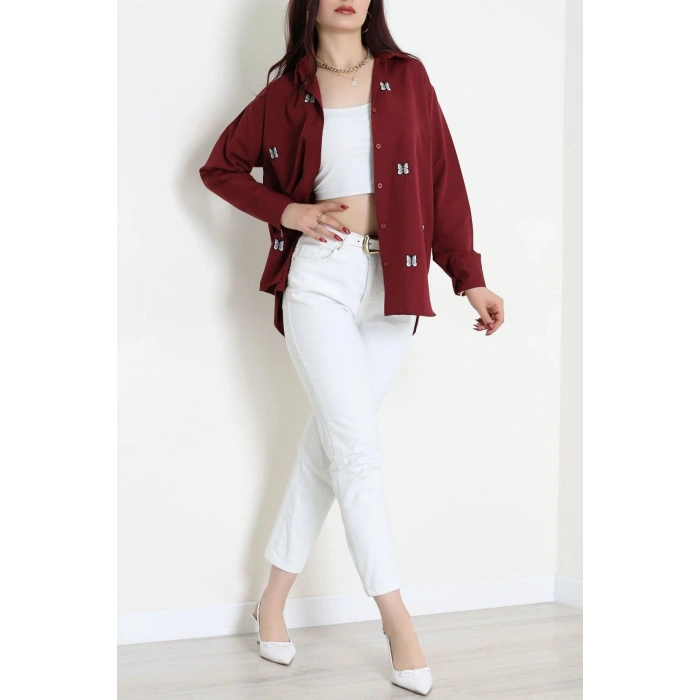 Nakış Detaylı Terıkoton Gömlek Bordo - 43961.2111.