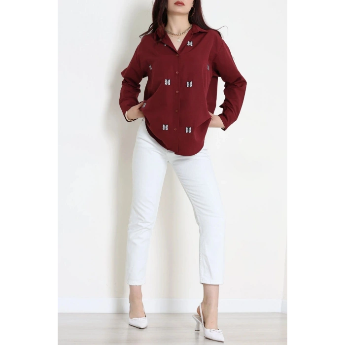 Nakış Detaylı Terıkoton Gömlek Bordo - 43961.2111.
