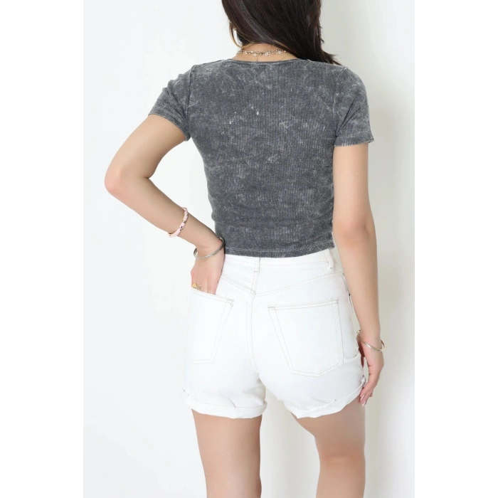 Nakışlı Asit Yıkamalı Kaşkorse Tişört Antrasit - 71048.1748.