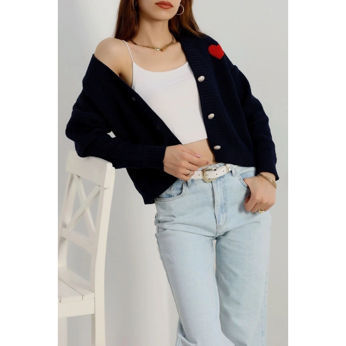 Nakışlı Crop Hırka Lacivert - 440.1577.