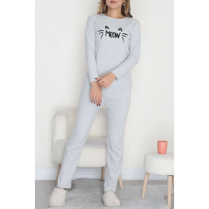 Nakışlı İnterlok Pijama Takımı Gri meow - 800.1287.