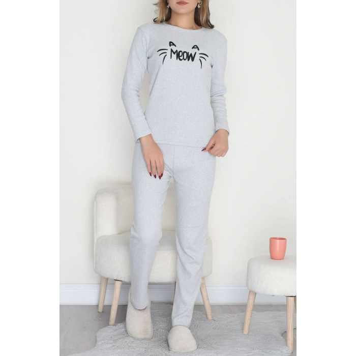 Nakışlı İnterlok Pijama Takımı Gri meow - 800.1287.