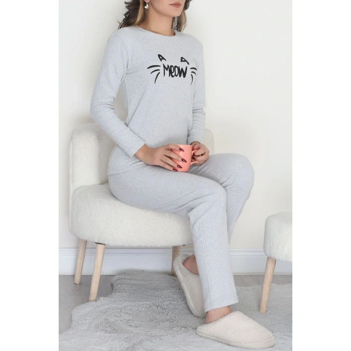 Nakışlı İnterlok Pijama Takımı Gri meow - 800.1287.